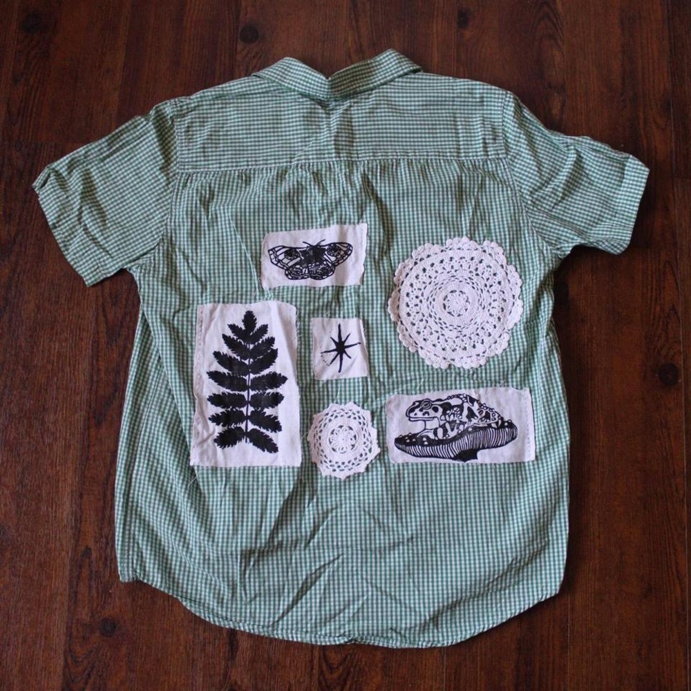 Upcycled Joe Fresh Green Gingham Button Down Shirt Reworked Goblincore Back